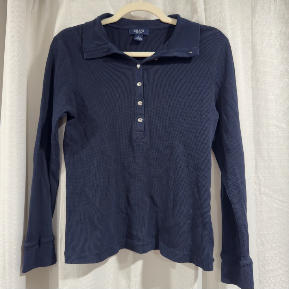 Chaps Womens Navy‎ Blue Waffle Knit Thermal Henley Polo Shirt Long Sleeve Large